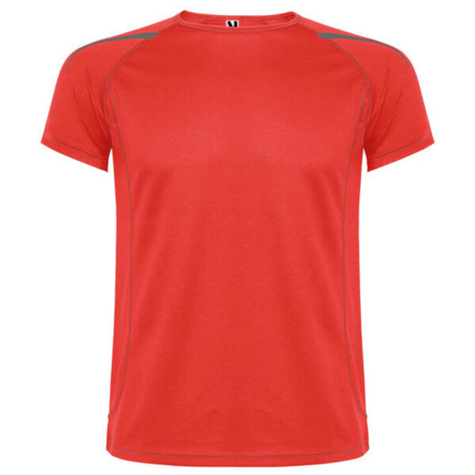 A bright red T-shirt with contrasting grey seams and a logo on the neckline.
