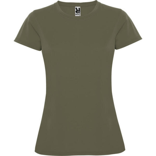 An olive green women's t-shirt with a fitted design and a logo on the neckline.