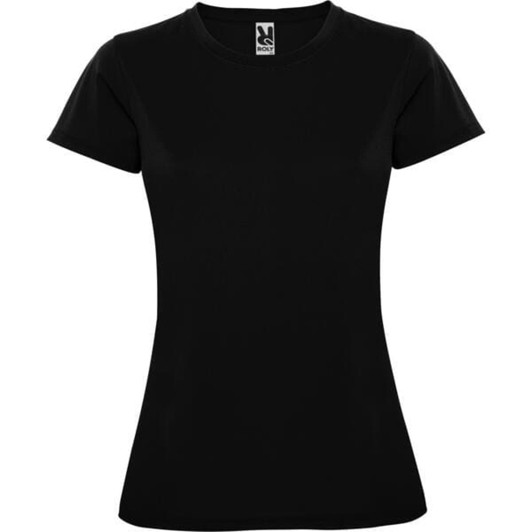 A black women's t-shirt with a fitted design and short sleeves, featuring a branded label.