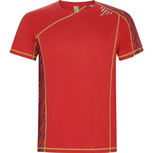 A red T-shirt with patterned side panels and contrasting gold stitching. Features a logo on the upper chest.