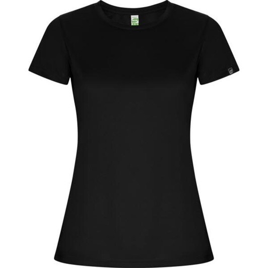 A black women's T-shirt with short sleeves, featuring a logo on the sleeve.