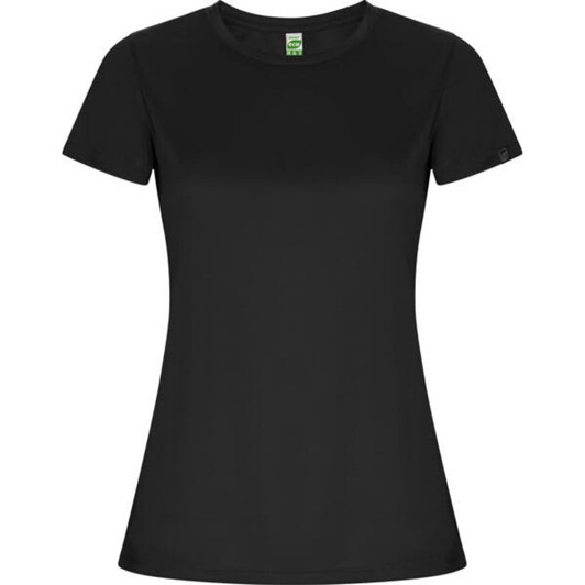 A black women's T-shirt with short sleeves and a fitted silhouette, featuring a branding logo.