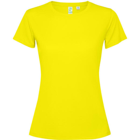 A bright yellow women's T-shirt with short sleeves and a fitted design, featuring a logo.