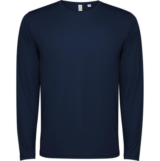 A navy long-sleeved T-shirt with a crew neck and a logo on the label.
