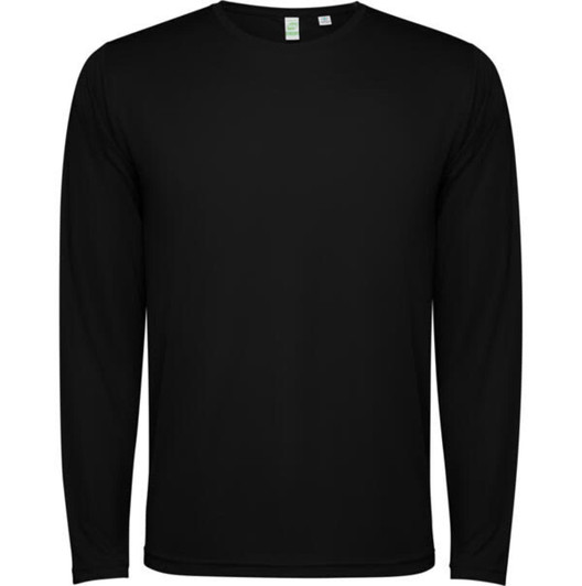 A black long-sleeved t-shirt featuring a simple design and a logo.