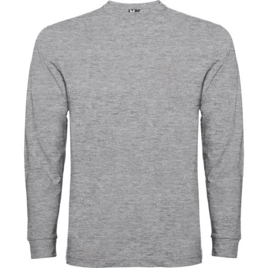 A grey long-sleeved T-shirt with a rounded neckline and one logo. Perfect for casual wear.