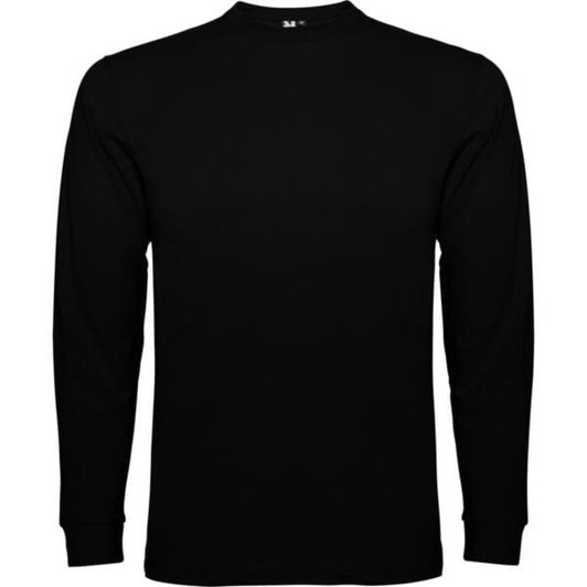 A black long-sleeved T-shirt featuring a simple design and a logo on the label.