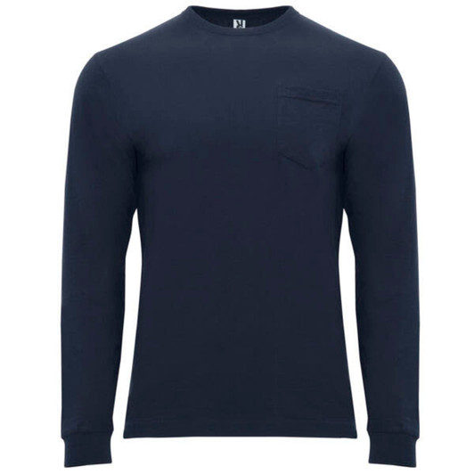 A navy long-sleeved T-shirt featuring a pocket and a logo on the collar.