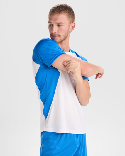A T-shirt in blue and white with a logo, featuring short sleeves and a sporty design.
