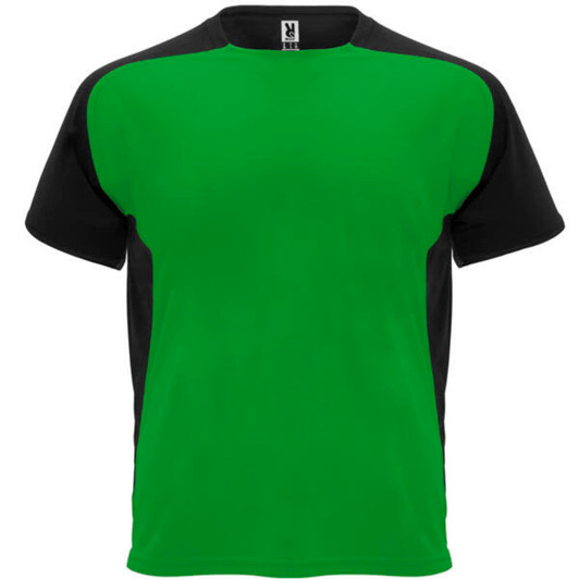 A green and black T-shirt featuring short sleeves and a simple design, with a logo on the tag.