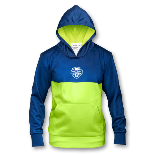 A blue and lime green sports hoodie featuring a front pocket and a hood, with a logo on the chest.