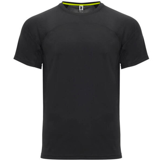 A black t-shirt with short sleeves and a mesh panel, featuring a logo on the label.