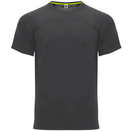 A dark grey t-shirt featuring short sleeves and a subtle logo. Suitable for casual wear or sports activities.