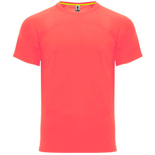 A bright orange T-shirt featuring short sleeves and a crew neck design, with a logo on the label inside.