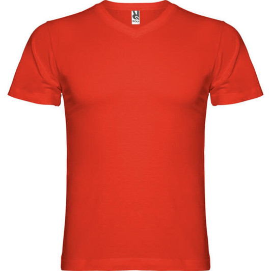 A red T-shirt with a V-neck design, featuring a label at the neckline and no visible branding.