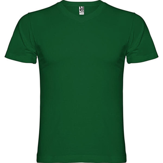 A green T-shirt featuring a round neckline and short sleeves. It has a branding label at the collar.