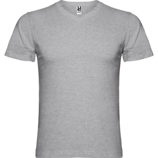 A grey Samoyedo T-shirt with a simple design and short sleeves, featuring a logo on the collar.