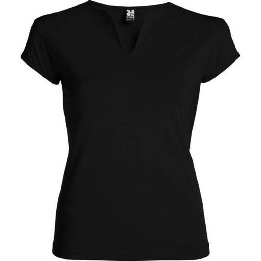 A black T-shirt with a V-neck and short sleeves, featuring a small logo on the label.