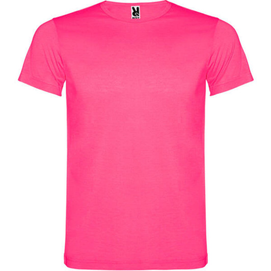 A bright pink T-shirt with short sleeves and a branding label at the collar.