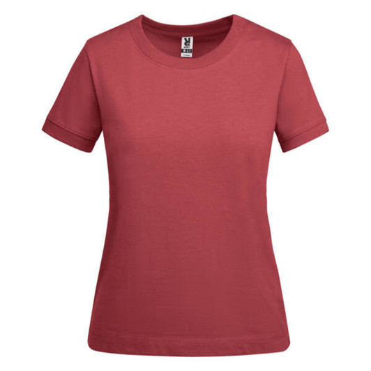A red women's t-shirt with short sleeves and a round neckline. The shirt features a logo at the collar.