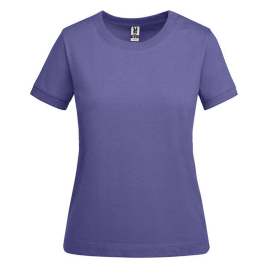 A purple women's t-shirt with short sleeves, featuring a simple design and a logo on the label.