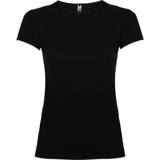 A black women's T-shirt with short sleeves and a fitted design. It features a logo on the label.