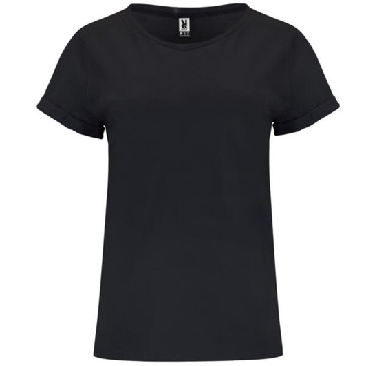 A black T-shirt with rolled sleeves and a simple crew neckline. It features a logo on the label.