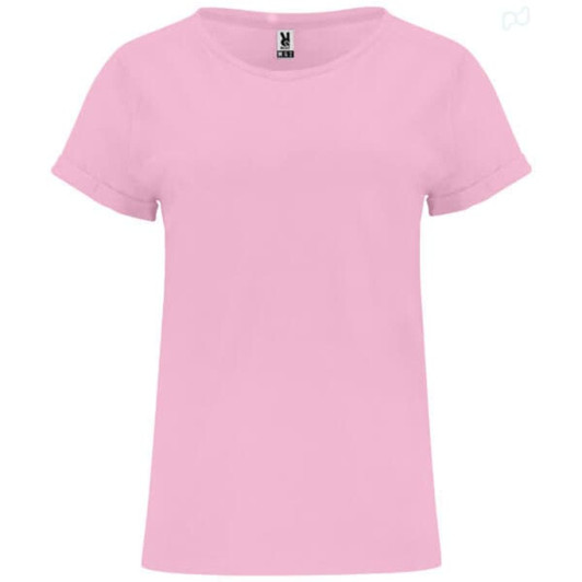A pink T-shirt with short sleeves, featuring a round neck and a logo at the collar.