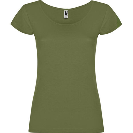A green women's t-shirt with short sleeves and a scoop neckline. It features a label inside.