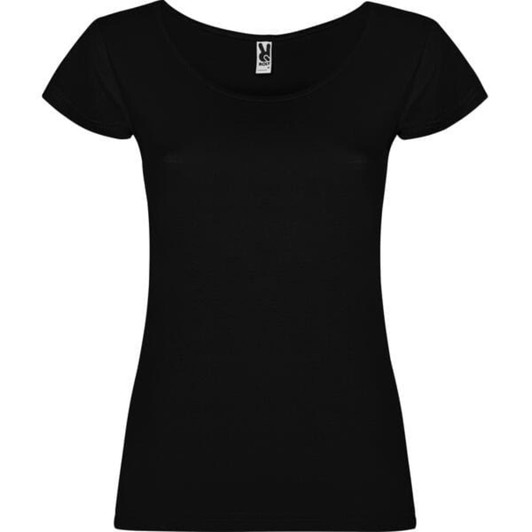 A black fitted T-shirt with a scoop neck and short sleeves, featuring a label inside.