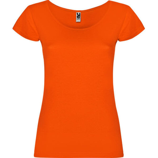 An orange T-shirt featuring a scoop neckline and short sleeves, with a logo on the label.