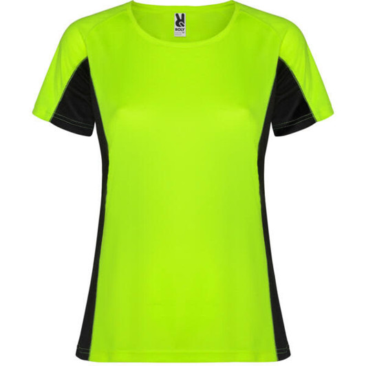 A vibrant women's T-shirt in bright lime green with contrasting black panels and a logo.