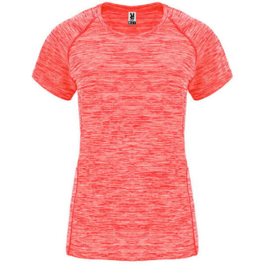 A women's t-shirt in a vibrant coral colour with a textured design and short sleeves. Features a logo.