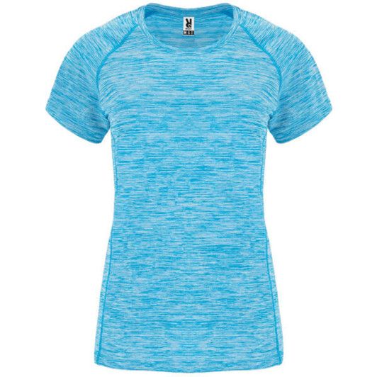 A light blue women's T-shirt with a textured design and a logo on the neckline.