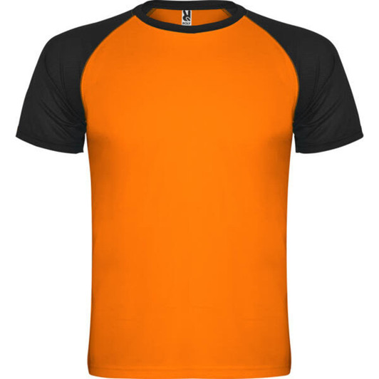 An orange T-shirt with black raglan sleeves, featuring a logo on the tag.