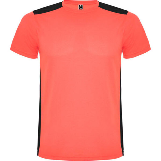 A bright coral T-shirt featuring black detailing on the shoulders and sides. It includes a logo on the front.