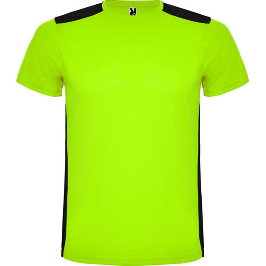 A bright yellow T-shirt featuring black side panels and a logo on the front.