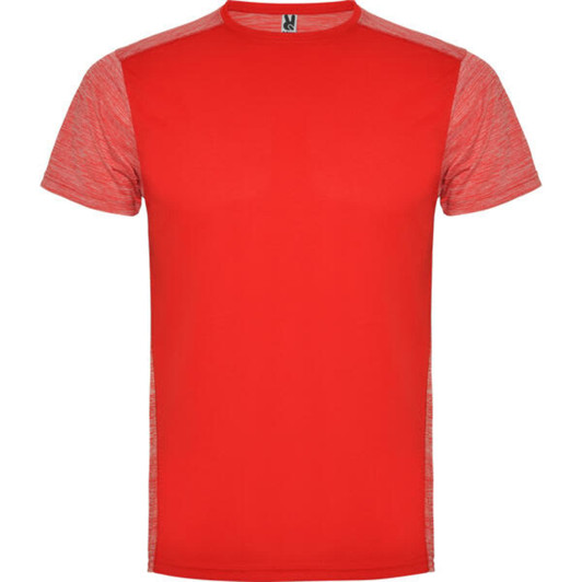 A red T-shirt with grey sleeves and side panels, featuring a logo on the neckline.