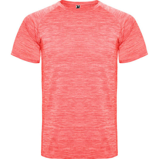 A short-sleeved T-shirt in a vibrant coral colour, featuring a textured design and a logo on the collar.