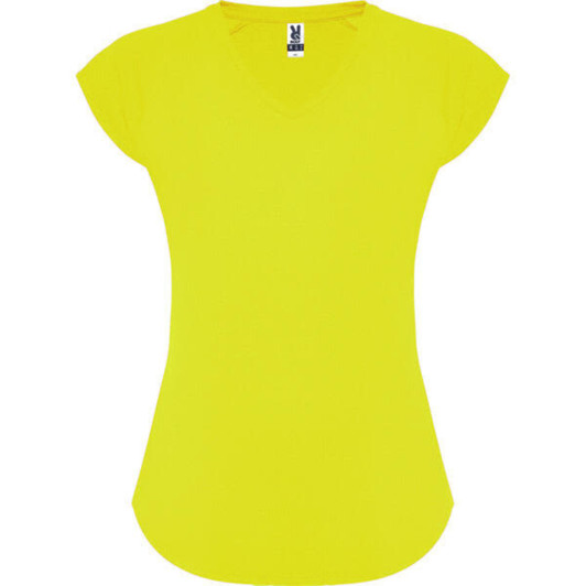 A yellow Avus T-Shirt with a V-neck and cap sleeves, featuring a logo.