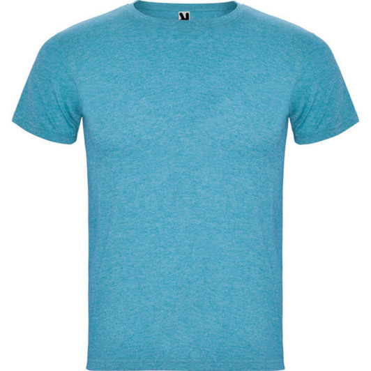 A blue t-shirt with a round neck and short sleeves. It features a small logo on the collar.