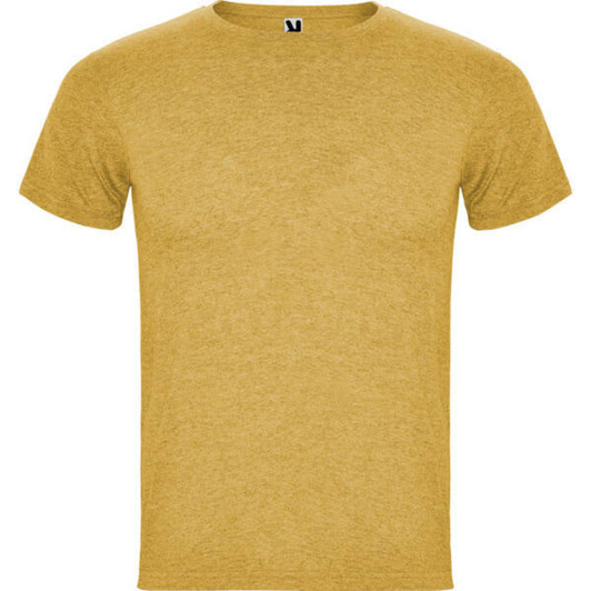 A mustard yellow t-shirt with a round neckline and short sleeves, featuring a logo on the inside label.