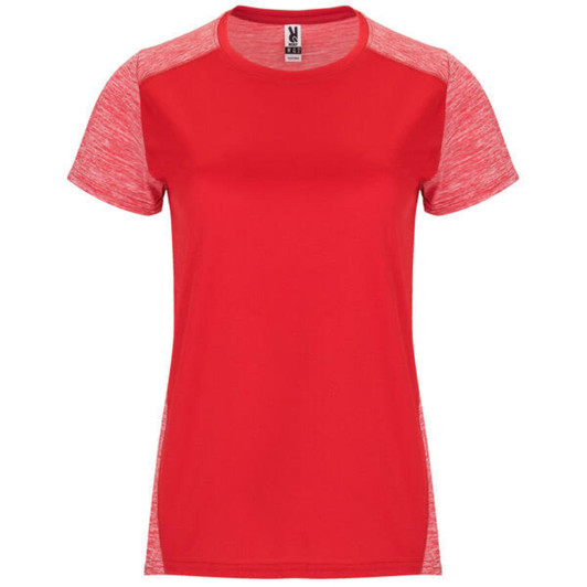A red women's T-shirt with short sleeves and contrasting textured red sleeves, featuring a brand logo.