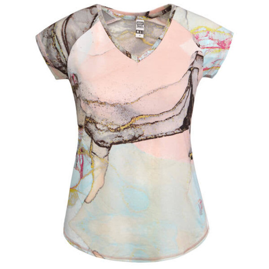 A women's Jada T-Shirt with a pastel, abstract pattern, featuring a v-neck and cap sleeves. It has a logo on the tag.