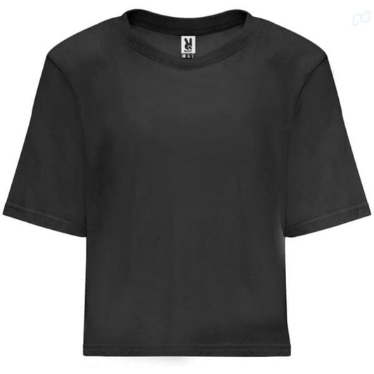 A black cropped top with short sleeves and a round neckline. It features a label logo at the neck.
