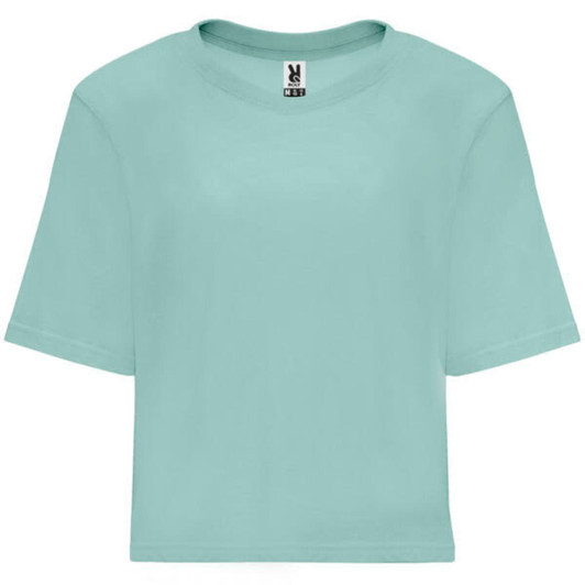 A light mint green cropped top with a relaxed fit and short sleeves, featuring a logo on the label.