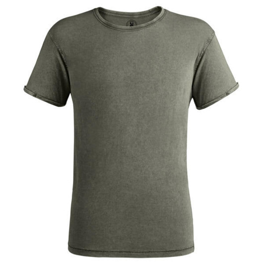A green T-shirt with rolled short sleeves and a classic crew neckline. It has a logo on the tag.
