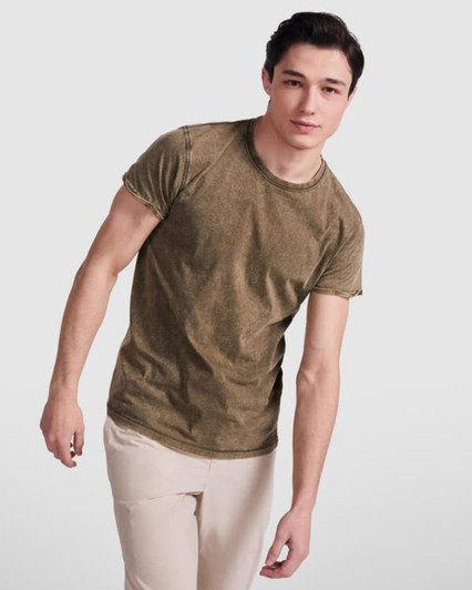 A fitted olive green T-shirt with rolled sleeves, displayed on a model in a neutral background.