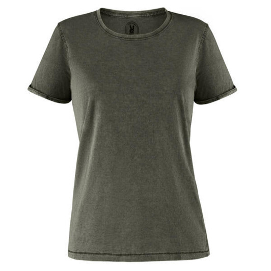 A green women's t-shirt with a round neckline and short sleeves. It features a branding logo at the neckline.