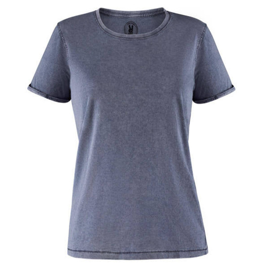 A women's T-shirt in a faded blue shade with short sleeves and a simple neckline. It has a logo.
